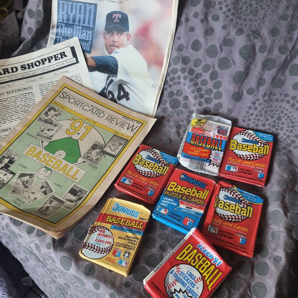 Lot Of 7 Vintage Baseball Card Packs + Magazines Fleer Donruss Nolan Ryan